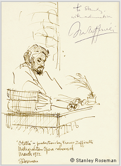 Pen and ink drawing by Stanley Roseman of James McCracken as Otello in Franco Zeffirelli's production of "Otello," Metropolitan Opera, 1972. Drawing autographed and inscribed, "To Stanley, with admiration, Franco Zeffirelli."  Stanley Ros