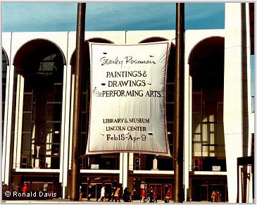Lincoln Center Plaza with the banner announcing the exhibition "Stanley Roseman - The Performing Arts in America" at the Library and Museum for the Performing Arts, Lincoln Center, New York City, 1977.  Ronald Davis