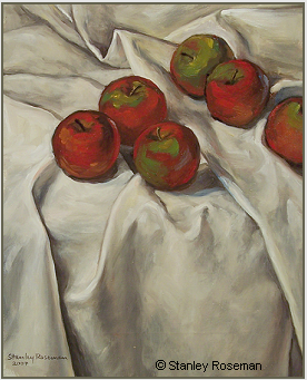Still life by Stanley Roseman, "Apples on a White Tablecloth," 2007, oil on canvas.  Stanley Roseman.