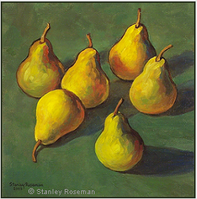 Still life by Stanley Roseman, "Pears on a Green Tablecloth," 2007, oil on canvas, Private collection, London.  Stanley Roseman.