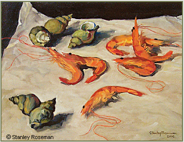 Still life by Stanley Roseman, "Still Life with Shrimps and Sea Snails," 2006, oil on canvas, Private collection, Michigan.  Stanley Roseman.