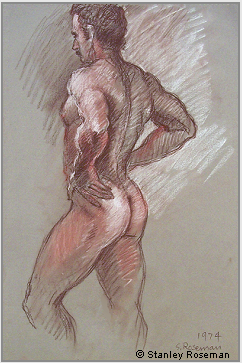 Drawing by Stanley Roseman "Standing Male Nude," 1974, New York, chalks on paper. Collection of the artist.  Stanley Roseman