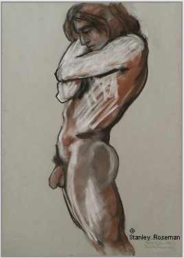 Drawing by Stanley Roseman "Christophe, standing Male Nude in Profile," 1997, Paris, chalks on paper. Private collection, Switzerland.  Stanley Roseman