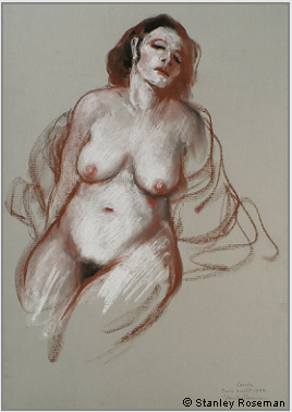 Drawing by Stanley Roseman "Carole, seated Female Nude," 1997, Paris, chalks on paper. Private collection, France.  Stanley Roseman