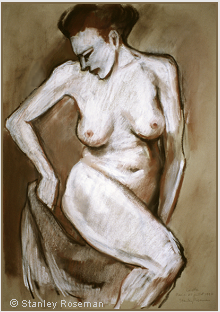 Drawing by Stanley Roseman "Colette, Female Nude with Drapery," 1997, Paris, chalks on paper. Private collection, Switzerland.  Stanley Roseman