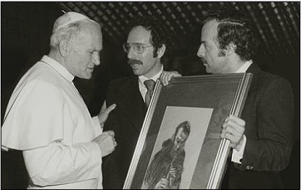 Pope Saint John Paul II receiving a gift of the drawing "Brother Florian Playing the Recorder," Tyniec Abbey, Poland, from the artist Stanley Roseman and his colleague Ronald Davis, Vatican, 1979.