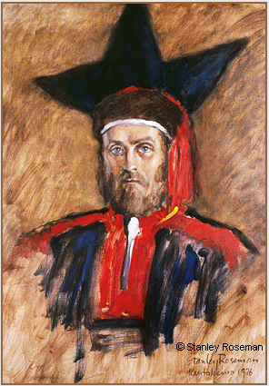 Painting by Stanley Roseman of Regnor, President of the Norske Samers Riksforbund (Norwegian Saami Association) (1971-1973). Roseman painted the portrait in Lappland, 1976. Private collection, New York.  Stanley Roseman