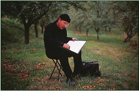 Stanley Roseman drawing in an orchard in France, 2009. Photo by Ronald Davis.