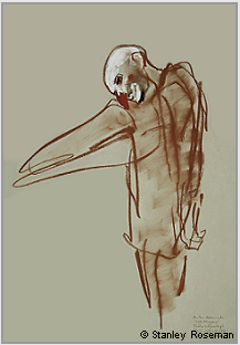 Drawing by Stanley Roseman of the Russian clown Anton, Derevo Company, Ranelagh Theatre, Paris, 1995, Palais des Beaux-Arts, Lille.  Stanley Roseman