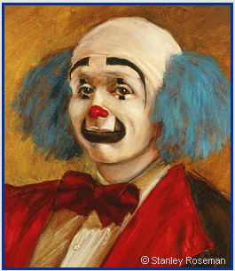 Painting by Stanley Roseman of the circus clown Keith Crary (detail), 1973.  Stanley Roseman. Featured in "The New York Times" review entitled "Spirit of the Clown" and subtitled "Paintings by Stanley Roseman glow with a shiny dignit