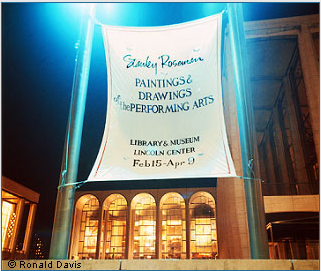 Lincoln Center Plaza with the banner announcing the exhibition "Stanley Roseman - The Performing Arts in America" at the Library and Museum for the Performing Arts, Lincoln Center, New York City, 1977.