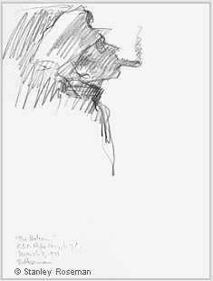 Drawing by Stanley Roseman of a man smoking a cigar in "The Balcony," 1977, pencil on paper. Muse des Beaux-Arts, Bordeaux.  Stanley Roseman
