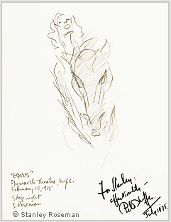 Drawing by Stanley Roseman of Peter Firth in Peter Shaffer's drama "Equus," 1975, pencil on paper. Drawing autographed and inscribed, "For Stanley, affectionately -  Peter Shaffer, July 1975." Collection of the artist.  Stanley Roseman