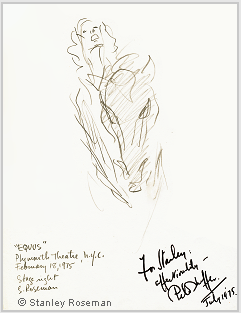 Drawing by Stanley Roseman of Peter Firth in Peter Shaffer's drama "Equus," 1975, pencil on paper. Drawing autographed and inscribed, "For Stanley, affectionately -  Peter Shaffer, July 1975." Collection of the artist. � Stanley Roseman