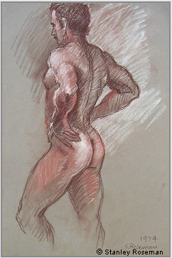 Drawing by Stanley Roseman "Standing Male Nude," 1974, New York, chalks on paper. Collection of the artist. � Stanley Roseman