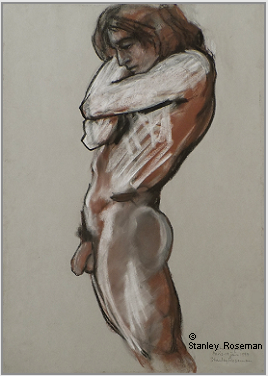 Drawing by Stanley Roseman "Christophe, standing Male Nude in Profile," 1997, Paris, chalks on paper. Private collection, Switzerland. � Stanley Roseman