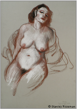 Drawing by Stanley Roseman "Carole, seated Female Nude," 1997, Paris, chalks on paper. Private collection, France. � Stanley Roseman