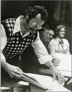 Ronald Davis (left), Richard Bonynge, Spiro Malas, and Dame Joan Sutherland at rehearsal for “La Fille du Regiment,” Lyric Opera of Chicago, 1973.